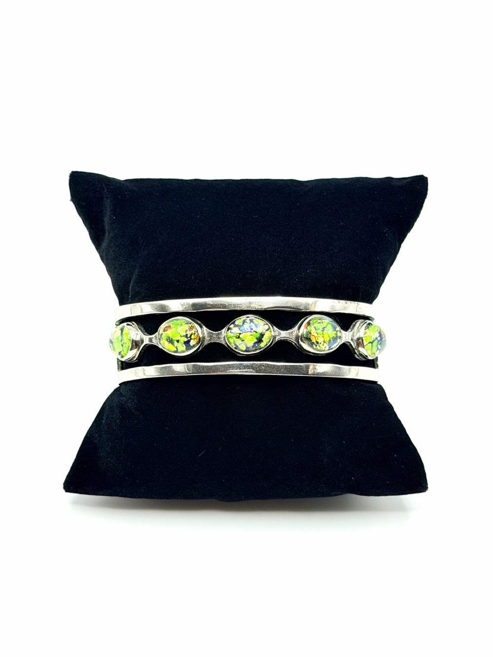 Vintage Taxco Mexico 925 Sterling Silver Art Glass Cabochon Cuff Bracelet 6-8”